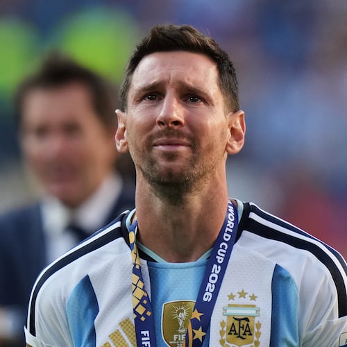 FILE - Argentina's Lionel Messi cries at the end of the World Cup final soccer match with Spain in East Rutherford, N.J., near New York, July 19, 2026. (AP Photo/Stephanie Scarbrough, File)