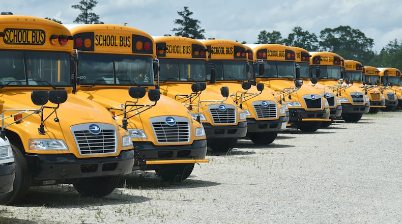 (EDNOTE: for general uses) May 4, 2021 Fort Valley - School buses are displayed at Blue Bird Corporation in Fort Valley on Tuesday, May 4, 2021. Senator Warnock will tour Fort Valley’s Blue Bird Corporation to discuss how this Georgia-based company has been working to modernize our state’s bus fleet, and in doing so has created clean energy jobs in the Fort Valley area. (Hyosub Shin / Hyosub.Shin@ajc.com)