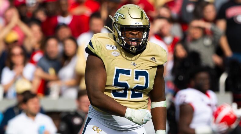 Georgia Tech defensive lineman Justice Dingle celebrates a sack against Georgia, Saturday, Nov. 30, 2019, in Atlanta. (John Amis/AP)