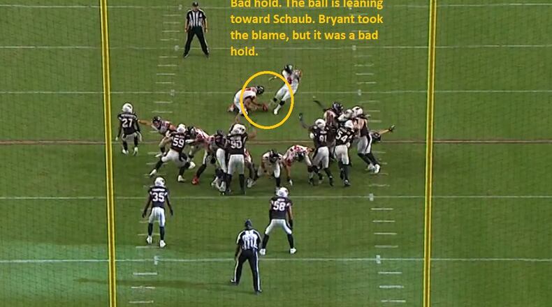 Matt Schaub's hold is leaning inward toward him. Bryant took the blame, but this is a bad hold. (Screen grab from gamepass.nfl.com Fox Broadcast)