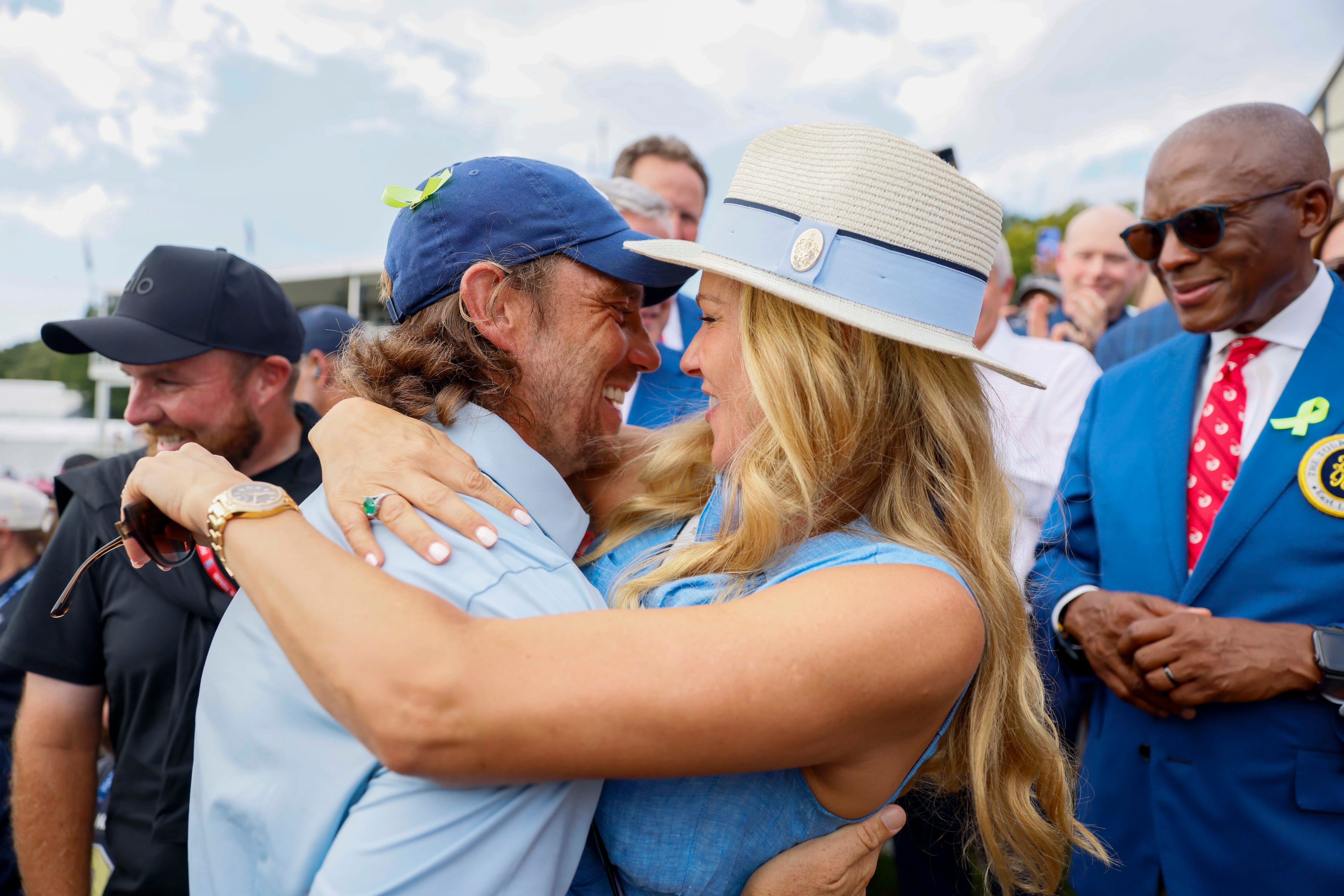 Tommy Fleetwood of England is embraced after winning the PGA Tour Championship at East Lake Golf Club on Sunday, Aug. 24, 2025, in Atlanta.
(Miguel Martinez/ AJC)