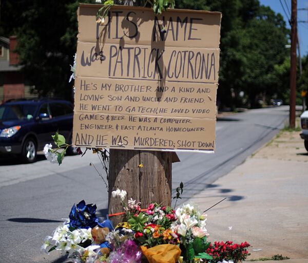 A memorial at May Avenue SE and Flat Shoals Avenue SE in East Atlanta marks the intersection where Patrick Cotrona was shot and killed on the evening of May 25, 2013 while walking with friends.