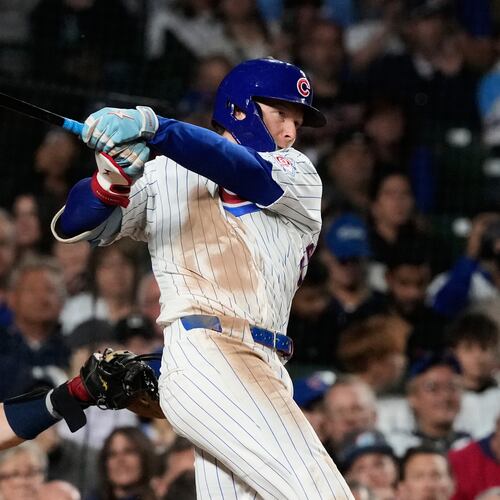 Chicago Cubs' Pete Crow-Armstrong hits a two-run home run during the sixth inning of a baseball game against the Atlanta Braves in Chicago, Monday, Sept. 14, 2026. (AP Photo/Nam Y. Huh)