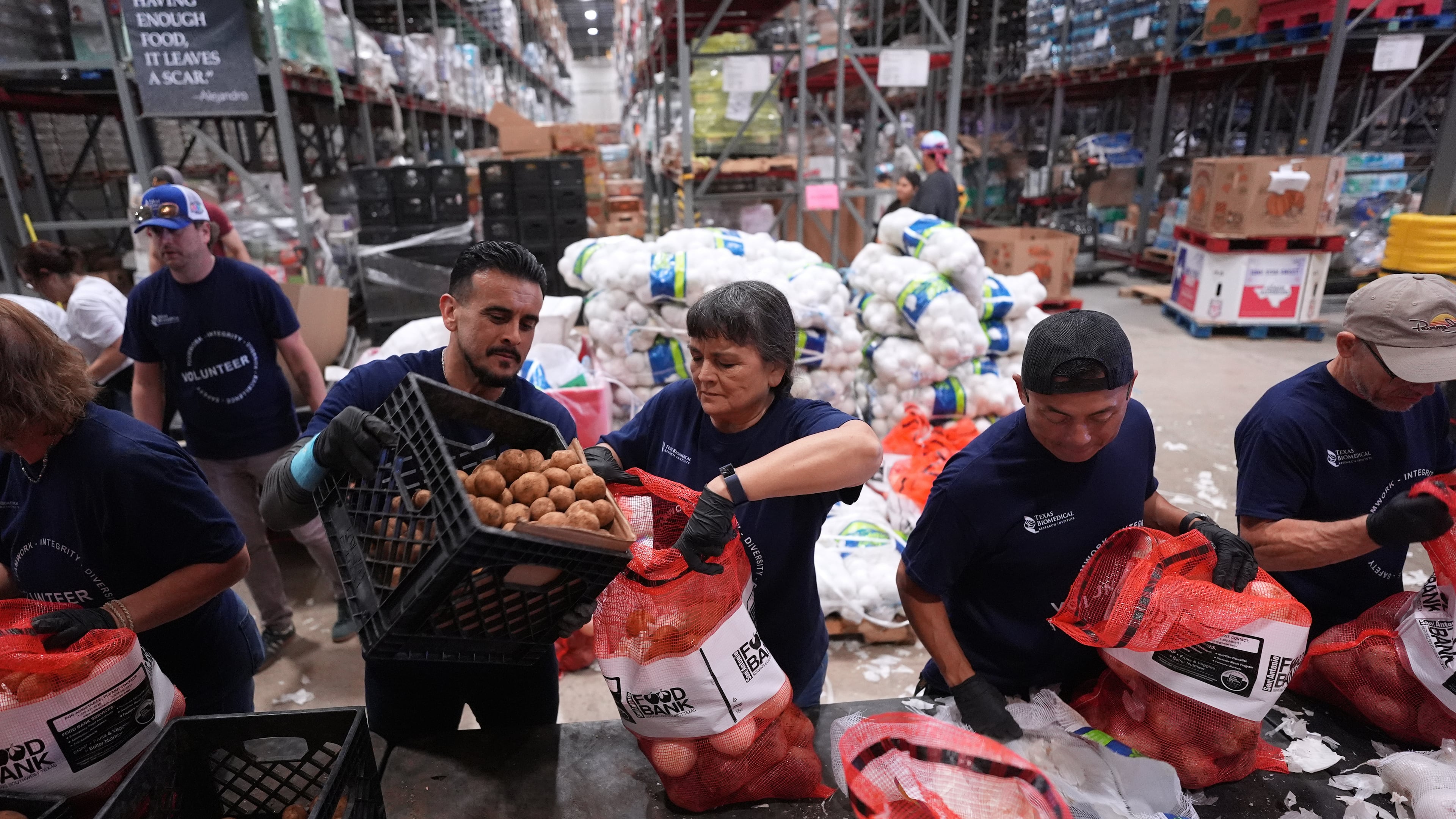 Volunteers at the San Antonio Food Bank load bags of potatoes for a food distribution for SNAP recipients and other households affected by the federal shutdown, Thursday, Nov. 6, 2025, in San Antonio. (AP Photo/Eric Gay)