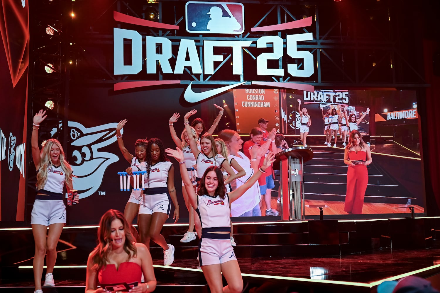 Member of the Tomahawk Team cheer prior to the Braves’ 22nd pick during the 2025 MLB Draft Sunday, July 13, 2025 at the Coca-Cola Roxy in Atlanta. (Daniel Varnado/For the Atlanta Journal-Constitution)