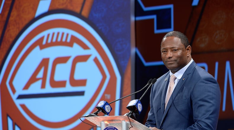 Syracuse head coach Dino Babers addresses the media during the 2018 ACC Football Kickoff in Charlotte, N.C. on July 19, 2018. (Photo by Sara D. Davis, theACC.com)