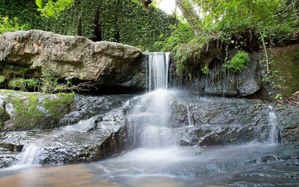 One of the waterfalls in Cascade Springs Nature Preserve runs below a busy bridge.