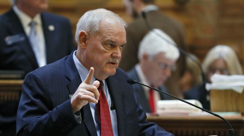 2/5/18 - Atlanta - Senator Lindsey Tippins, R - Marietta, speaks from the well during debate of an amendment to SB 331, which would allow lottery winners to remain anonymous, which passed the chamber. BOB ANDRES /BANDRES@AJC.COM