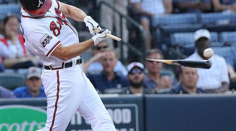 Jeff Francoeur breaks his bat during a second-inning groundout.