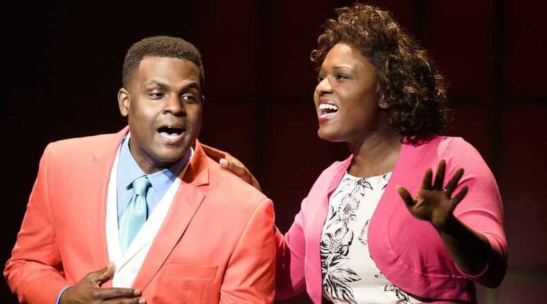 The Alliance Theatre musical “Born for This: The BeBe Winans Story” features Juan Winans (as BeBe Winans) and Deborah Joy Winans (as CeCe Winans). CONTRIBUTED BY GREG MOONEY
