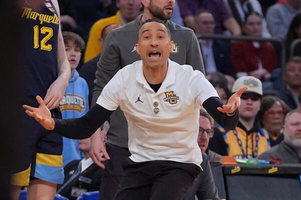 Marquette head coach Shaka Smart argues for a call during the first half of an NCAA college basketball game against the St. John's in the semifinals of the Big East tournament Friday, March 14, 2025, in New York. (AP Photo/Frank Franklin II)