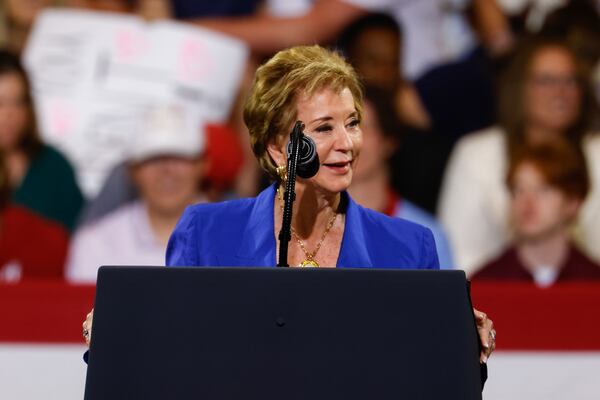 Education Secretary Linda McMahon speaks at President Donald Trump’s rally at Wheeler High School in Marietta on July 22, 2026. (Arvin Temkar/AJC)