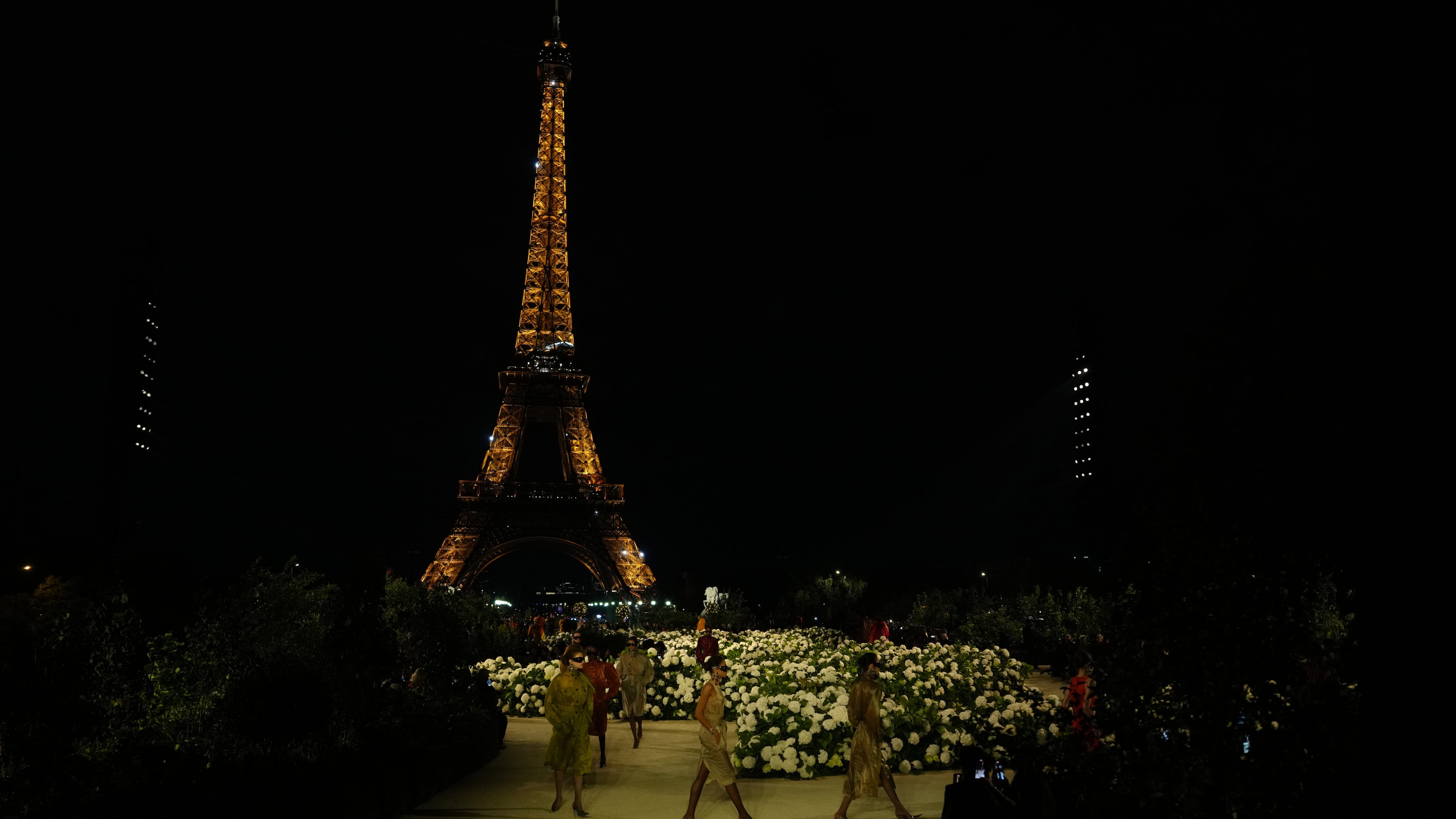 Models wear creations as part of the Saint Laurent Spring/Summer 2026 collection presented in Paris, Monday, Sept. 29, 2025. (AP Photo/Aurelien Morissard)