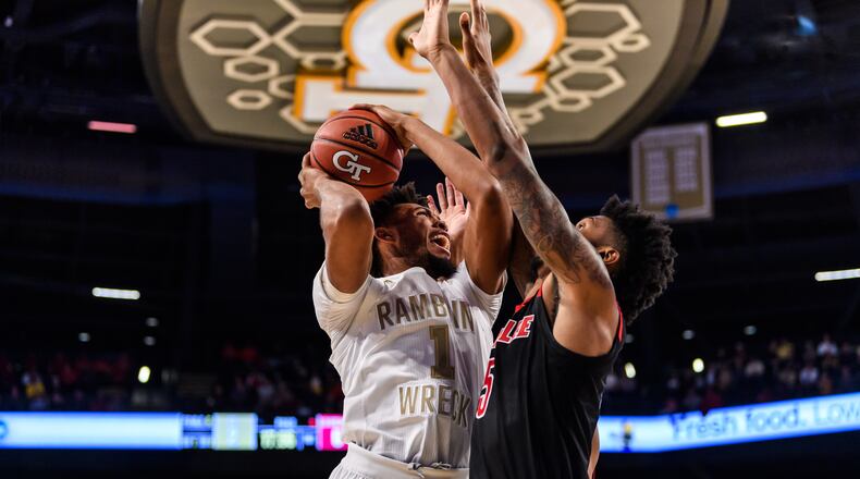 Georgia Tech center James Banks scored a career-high 24 points in the Yellow Jackets' 79-51 loss to Louisville Saturday, January 19, 2019, at McCamish Pavilion. (Danny Karnik/Georgia Tech Athletics)
