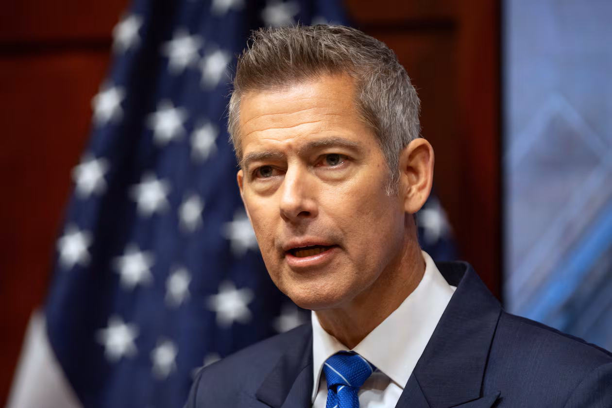 FILE - Transportation Secretary Sean Duffy speaks during a news conference at the Department of Transportation in Washington, Dec. 12, 2025. (AP Photo/Mark Schiefelbein, File)