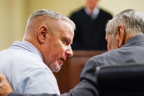 Colin Gray listens to his attorney during closing arguments in his trial at Barrow County Courthouse in Winder, Ga., on Monday, March 2, 2026. (Abbey Cutrer/AJC)