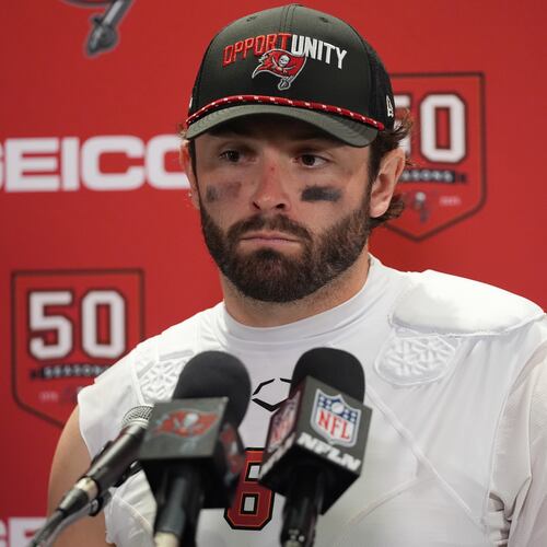 Tampa Bay Buccaneers quarterback Baker Mayfield speaks during a news conference after an NFL football game against the Miami Dolphins, Sunday, Dec. 28, 2025, in Miami Gardens, Fla. (AP Photo/Lynne Sladky)