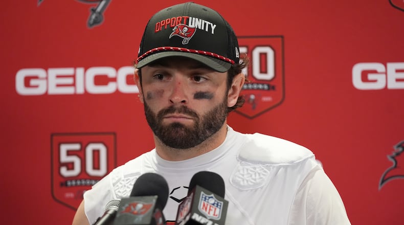 Tampa Bay Buccaneers quarterback Baker Mayfield speaks during a news conference after an NFL football game against the Miami Dolphins, Sunday, Dec. 28, 2025, in Miami Gardens, Fla. (AP Photo/Lynne Sladky)