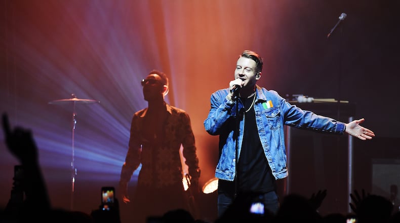 LONDON, ENGLAND - APRIL 18: Macklemore (R) performs as headlining act at the Mail Brands Opening Gig during Advertising Week Europe 2016 at KOKO on April 18, 2016 in London, England. (Photo by Tabatha Fireman/Getty Images for Advertising Week Europe)