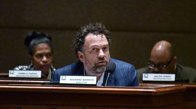 Fulton County Elections Director Richard Barron speaks to Board of Registration and Elections members during Fulton County Board of Registration and Elections special meeting at Fulton County Government Center Tuesday.
