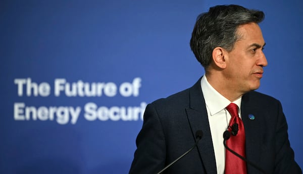 Britain's Secretary for Energy Security Ed Miliband opens day one of the International Summit on the Future of Energy Security at Lancaster House in London, Thursday April 24, 2025. (Justin Tallis/Pool via AP)