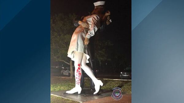 Someone sprayed #MeToo on a statue in Sarasota, Florida, that pays tribute to the iconic photo of a sailor kissing a nurse on V-J Day.