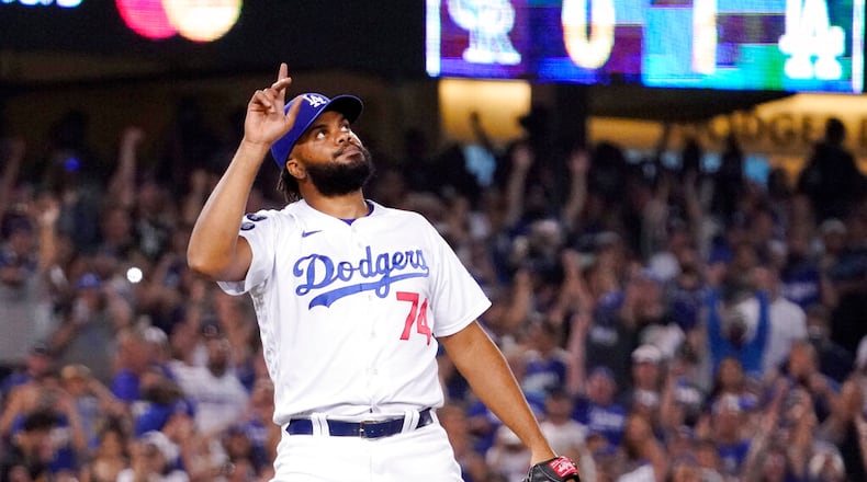 Los Angeles Dodgers relief pitcher Kenley Jansen gestures after striking out Colorado Rockies' C.J. Cron to end the baseball game Saturday, July 24, 2021, in Los Angeles. The Dodgers won 1-0. (AP Photo/Mark J. Terrill)