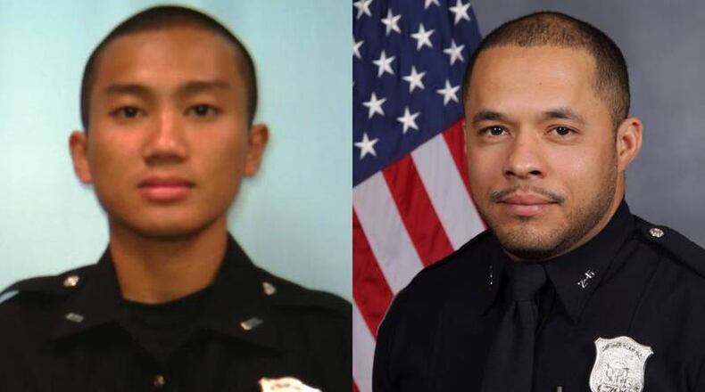 Atlanta police officers Khuong Thai (left) and Joshua Lovreta were met by gunfire as they stepped out of the elevator on the eighth floor. Thai was struck twice.