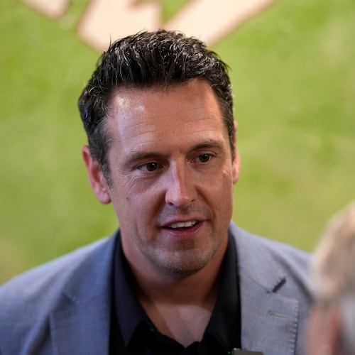 Zach Lahn, Republican candidate for Iowa governor, speaks to local residents during a meet and greet, Tuesday, Aug. 4, 2026, in Hampton, Iowa. (AP Photo/Charlie Neibergall)