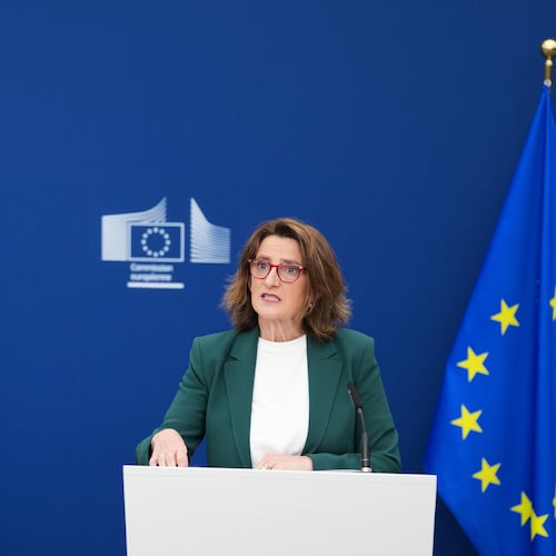 European Commissioner for a Clean, Just and Competitive Transition Teresa Ribera, speaks during a media conference regarding a competition case at EU headquarters in Brussels, Tuesday, June 9, 2026. (AP Photo/Virginia Mayo)