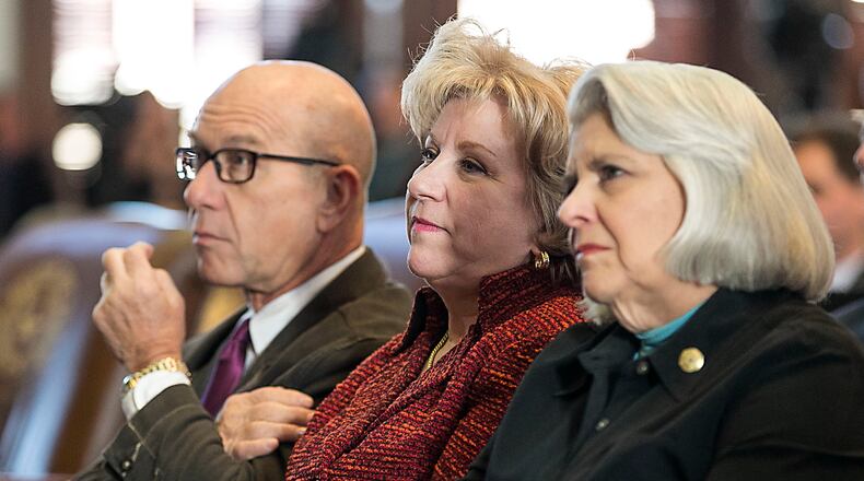 JANUARY 15, 2015 - Texas Senators, John Whitmire, D-Houston, Sen. Jane Nelson, R-Flower Mound, and Sen. Judith Zaffirini, left to right, listen as Texas Governor Rick Perry gives his farewell speech during a joint session held in the House of Chambers of the State Capitol in Austin, Texas, on Thursday, Jan. 15, 2014. (RODOLFO GONZALEZ / AMERICAN-STATESMAN)