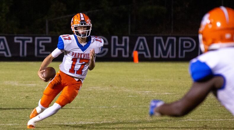 Parkview's Jordan Williams (17) carries the ball during Friday's game against Norcross. (Rebecca Wright/For the AJC)