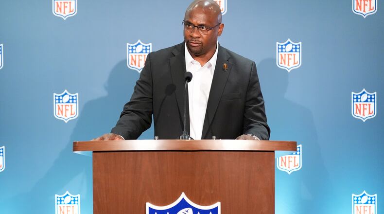 Troy Vincent speaks during a news conference at an NFL football owners meeting on Wednesday, Aug. 26, 2026, in Atlanta. (AP Photo/Brynn Anderson)