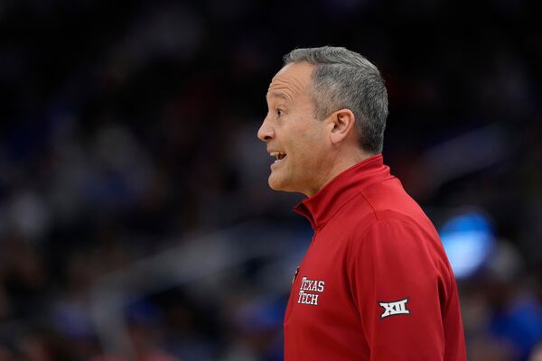 Texas Tech head coach Grant McCasland yells during the second half in the Elite Eight of the NCAA college basketball tournament against Florida, Saturday, March 29, 2025, in San Francisco. (AP Photo/Godofredo A. Vásquez)