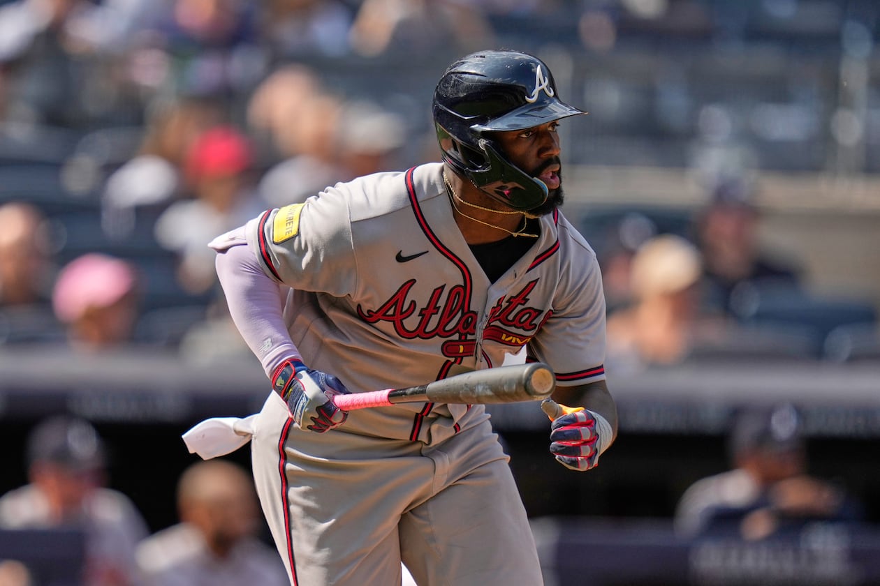 Atlanta Braves' Michael Harris II watches his RBI single during the 10th inning of a baseball game against the New York Yankees, Sunday, Aug. 9, 2026, in New York. (AP Photo/Seth Wenig)
