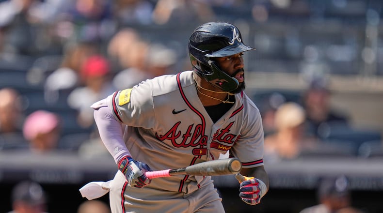Atlanta Braves' Michael Harris II watches his RBI single during the 10th inning of a baseball game against the New York Yankees, Sunday, Aug. 9, 2026, in New York. (AP Photo/Seth Wenig)