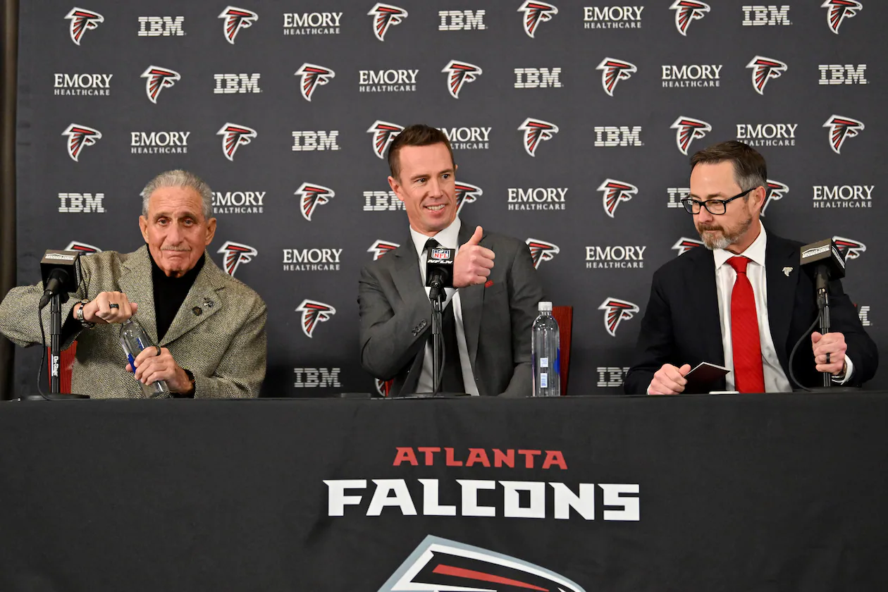 Falcons owner Arthur Blank (from left), president of football Matt Ryan and CEO Greg Beadles attend a news conference to introduce Ryan in his new role on Tuesday, Jan. 13, 2026, in Flowery Branch. (Hyosub Shin/AJC)