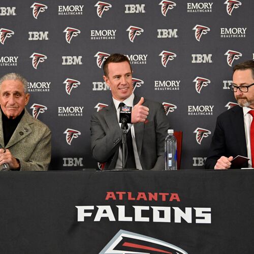 Falcons owner Arthur Blank (from left), president of football Matt Ryan and CEO Greg Beadles attend a news conference to introduce Ryan in his new role on Tuesday, Jan. 13, 2026, in Flowery Branch. (Hyosub Shin/AJC)