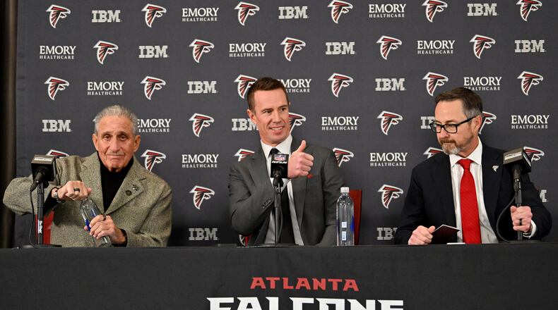 Falcons owner Arthur Blank (from left), president of football Matt Ryan and CEO Greg Beadles attend a news conference to introduce Ryan in his new role on Tuesday, Jan. 13, 2026, in Flowery Branch. (Hyosub Shin/AJC)