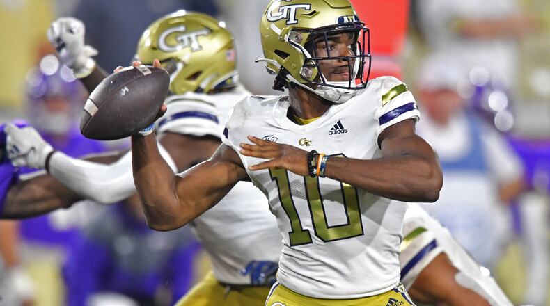 Georgia Tech's quarterback Jeff Sims (10) gets off a pass during the second half of an NCAA college football game at Georgia Tech's Bobby Dodd Stadium in Atlanta on Sept. 10, 2022. Georgia Tech won 35-17 over Western Carolina.  (Hyosub Shin / Hyosub.Shin@ajc.com)