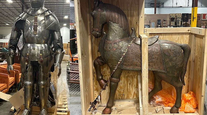 A massive prop sale is happening in Atlanta for five days starting Oct. 30, 2024. Among the items: full-sized suit of armor and a large medieval horse. PEACHTREE BATTLE ESTATE SALES