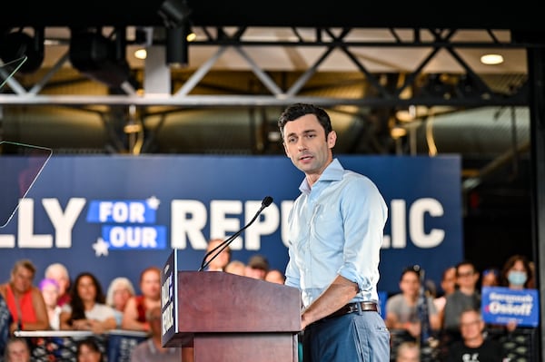 Sen. Jon Ossoff speaks during his Rally For Our Republic event in July. Another Republican has joined the race to unseat Ossoff. (Sarah Peacock for the AJC)
