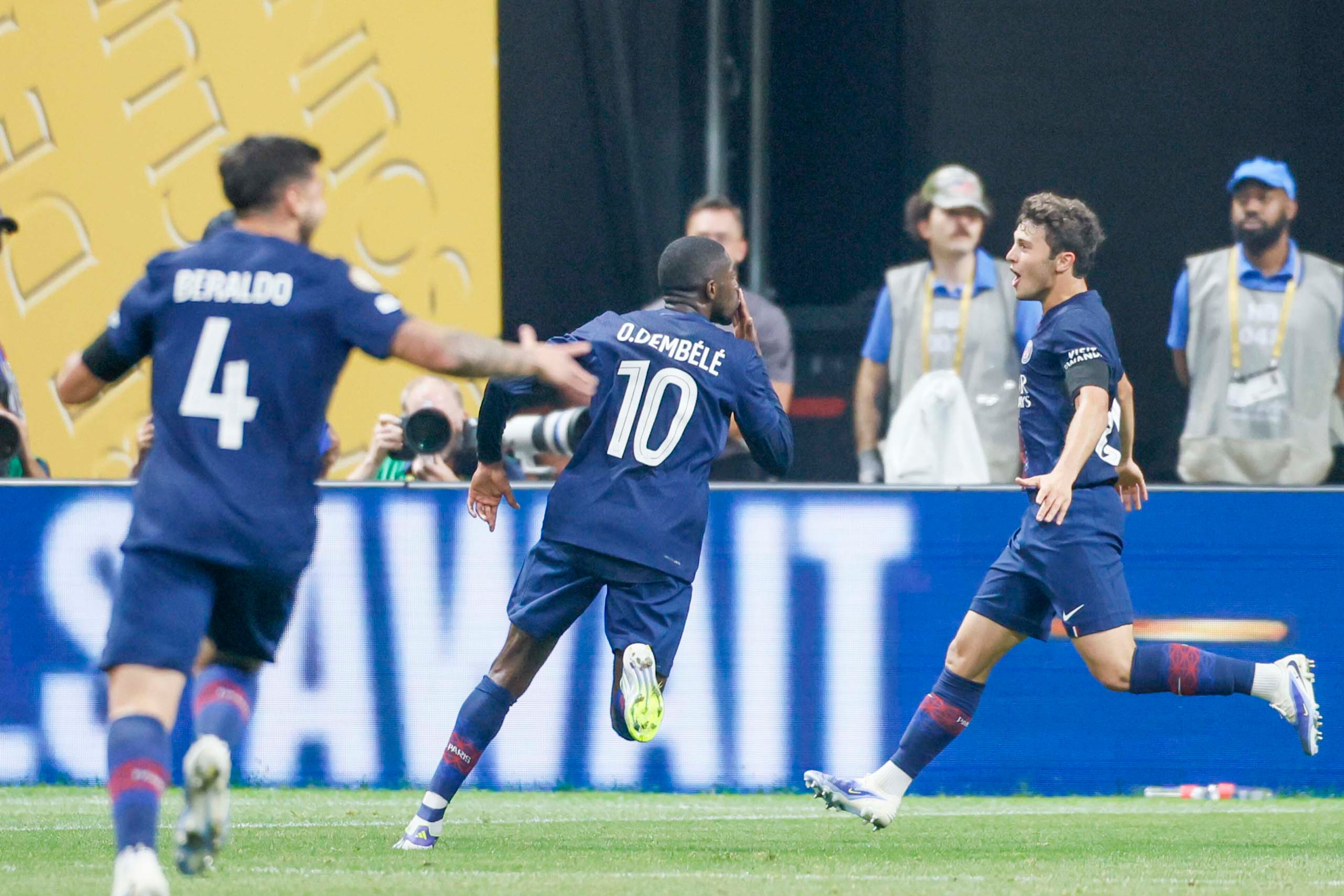 Paris Saint-Germain forward Ousmane Dembélé (10) reacts after scoring his team’s second goal during the Club World Cup quarterfinal soccer match between Paris Saint-Germain and Bayern Munich, Saturday, July 5, 2025.
(Miguel Martinez/ AJC)