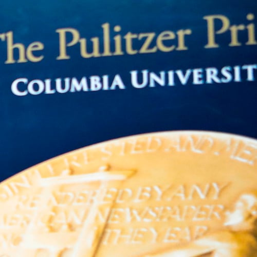 FILE - Signage for The Pulitzer Prizes appear at Columbia University, May 28, 2019, in New York. (AP Photo/Bebeto Matthews, File)