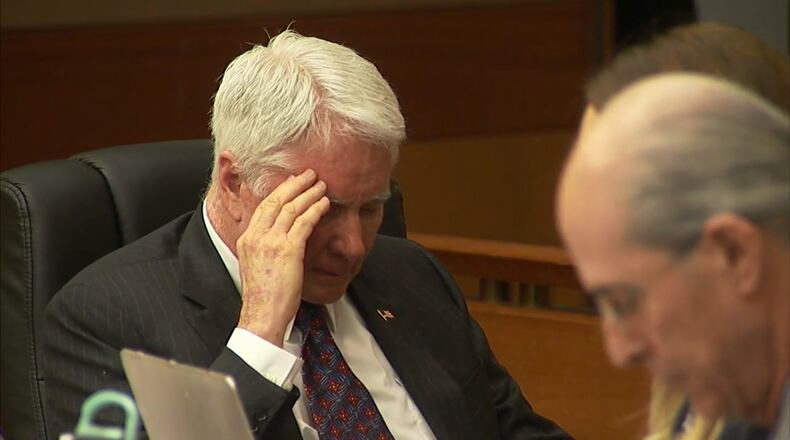 Tex McIver seems to get emotional during the testimony of crime-scene forensics expert Michael Knox, during McIver's murder trial on March 29, 2018 at the Fulton County Courthouse. (Channel 2 Action News)