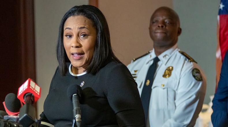 Fulton County District Attorney Fani Willis (left) announces the RICO indictment against Atlanta rapper Young Thug and 27 co-defendants in Atlanta on Tuesday, May 10, 2022. (Steve Schaefer/AJC 2022)