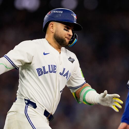 FILE - Toronto Blue Jays' Bo Bichette celebrates his three run home run against the Los Angeles Dodgers during the third inning in Game 7 of baseball's World Series, Saturday, Nov. 1, 2025, in Toronto. (AP Photo/Brynn Anderson, File)
