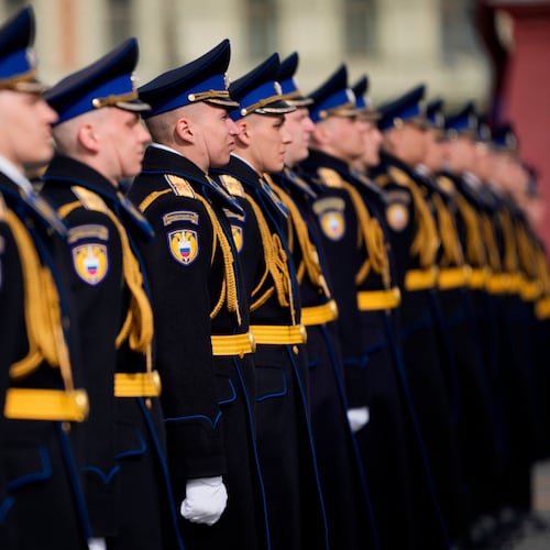 Russian servicemen stand in a formation before the Victory Day military parade in Moscow, Saturday, May 9, 2026, during celebrations of the 81st anniversary of the Soviet Union's victory over Nazi Germany during the World War II. (AP Photo/Pavel Bednyakov, Pool)