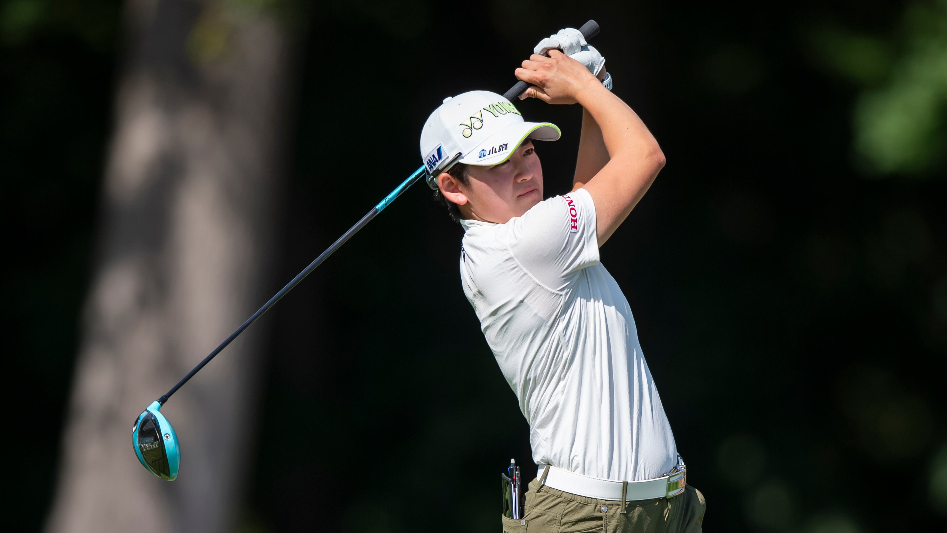 Akie Iwai, of Japan, tees off on the ninth hole during the first round of the Kroger Queen City Championship golf tournament, Thursday, Sept. 11, 2025, at TPC River's Bend in Cincinnati. (AP Photo/Tanner Pearson)