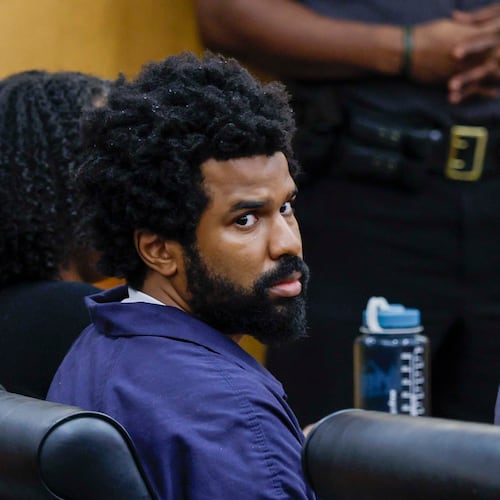 Deion Duwane Patterson appears in Fulton County Superior Court on Thursday, April 16, 2026. He is accused of killing one woman and injuring four others at the Northside Medical Midtown building in 2023. (Miguel Martinez/AJC)